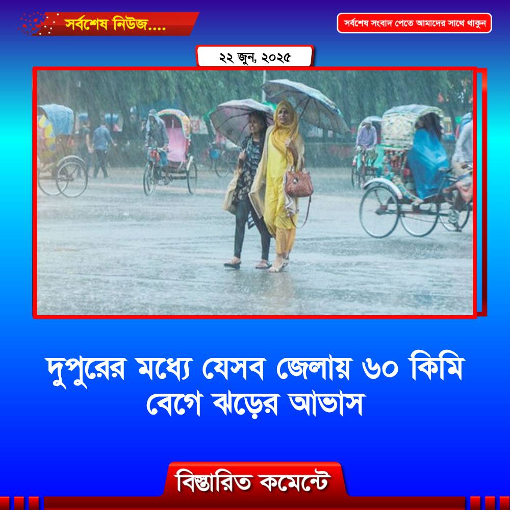 দুপুরের মধ্যে যেসব জেলায় ৬০ কিমি বেগে ঝড়ের পূর্বাভাস